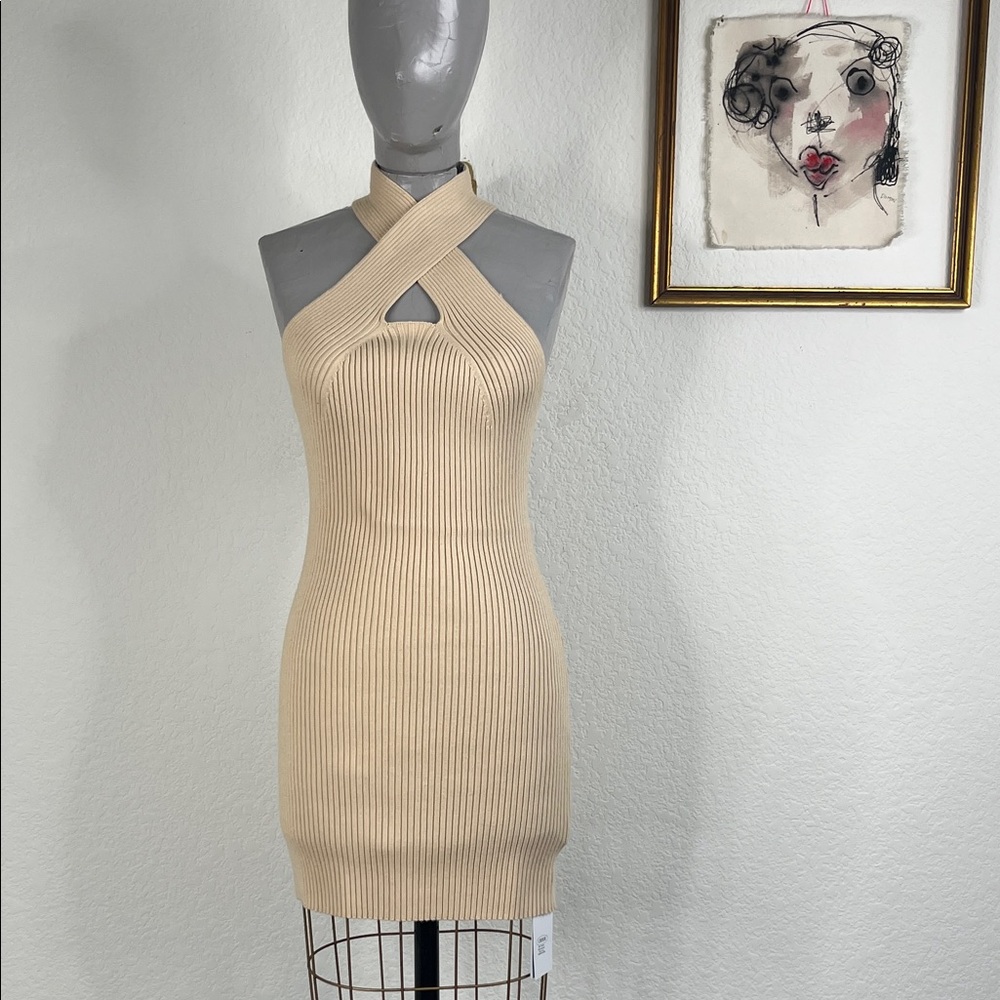 CIDER Knit Beige Rib Cross Halter Bodycon Mini Sleeveless Dress - Picture 2 of 6